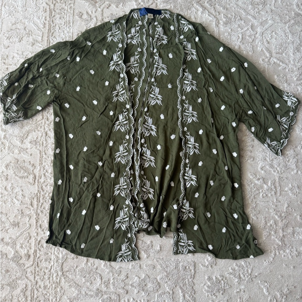 Embroidered Olive Green Boho Kimono